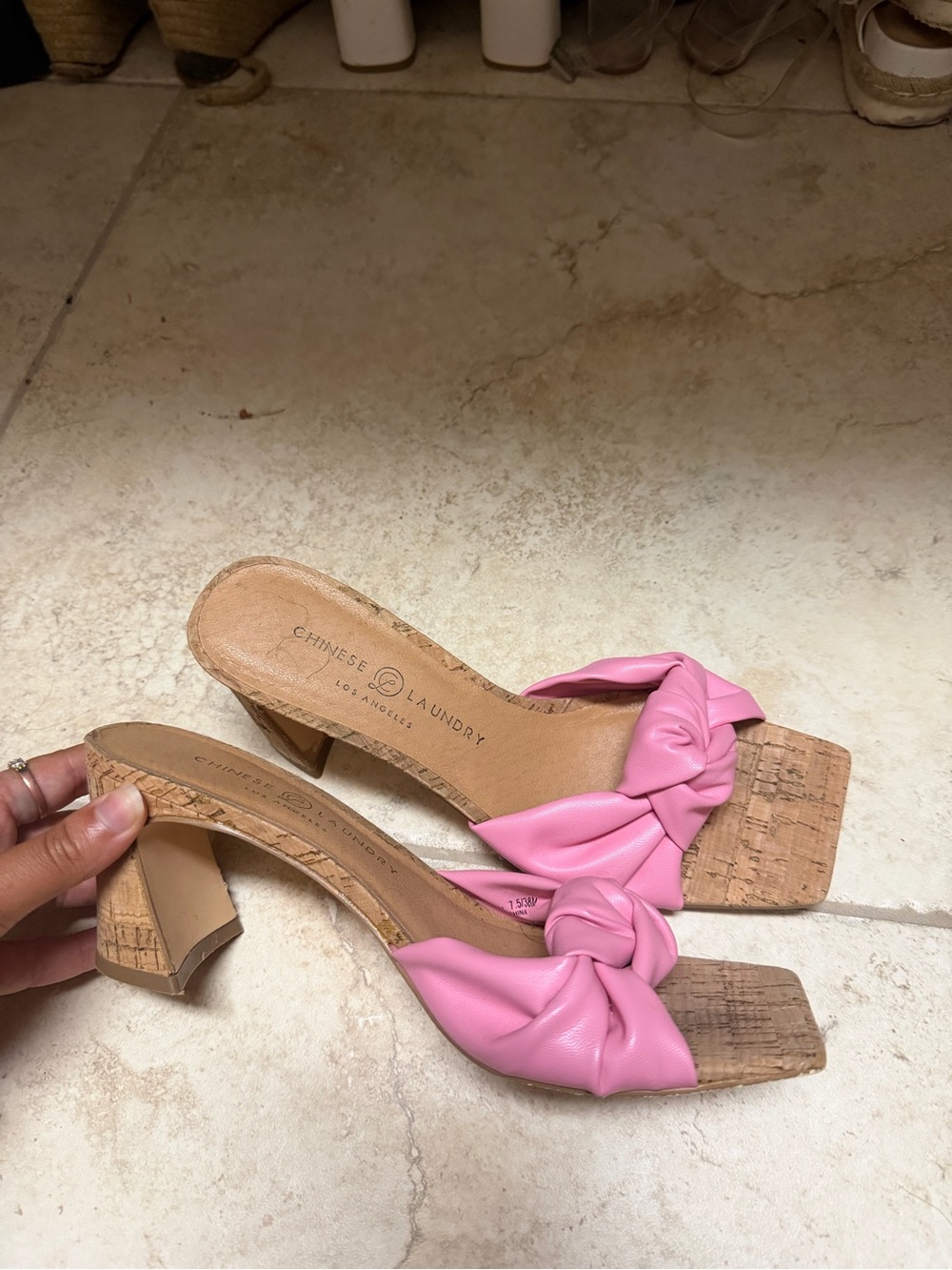 Chinese Laundry Pink Knot-Detail Cork Block-Heel Mules